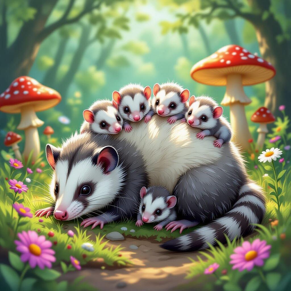 Virginia Opossum with Babies in Comic Book Style