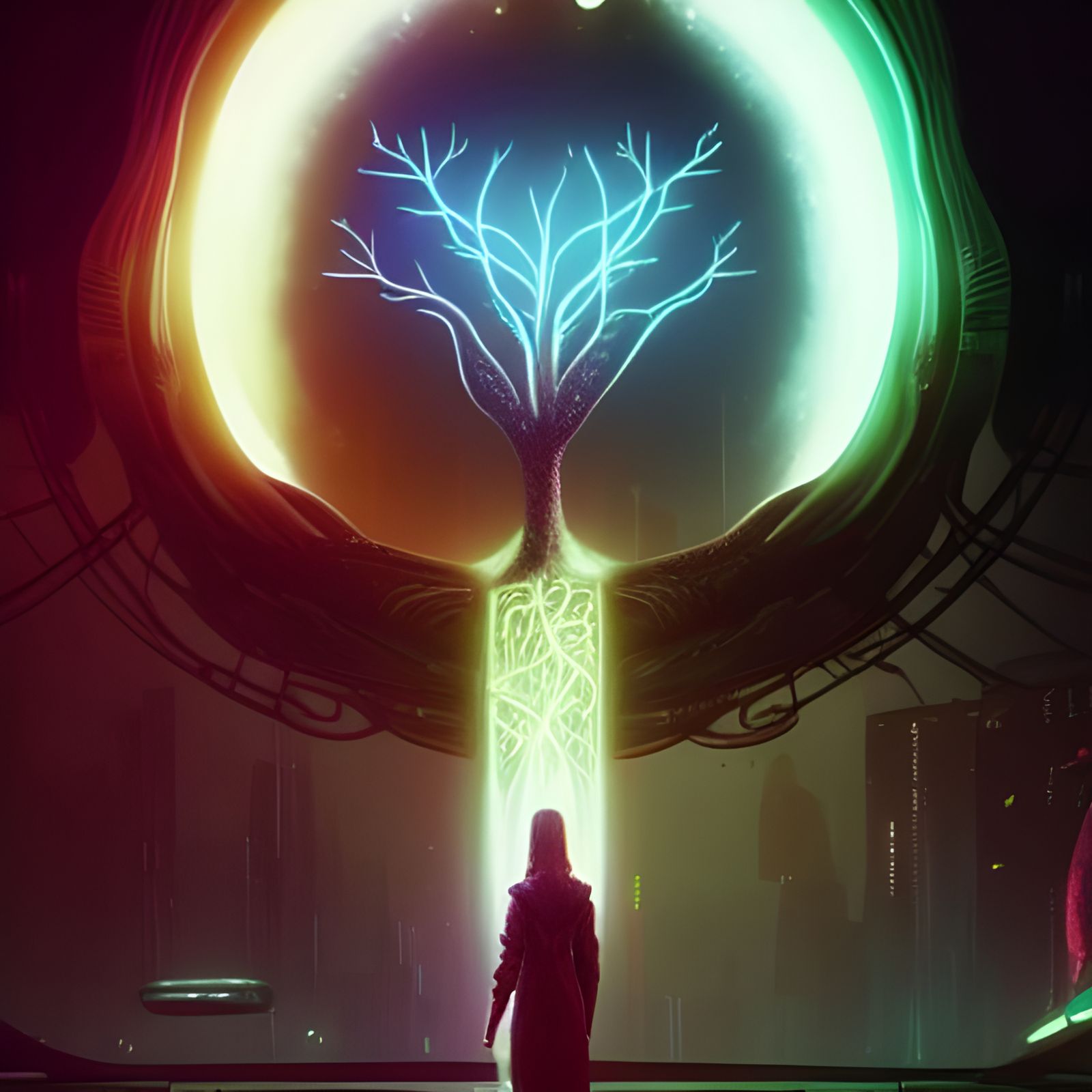 Yggdrasil: Cosmic Tree of Life in Cyberpunk Style