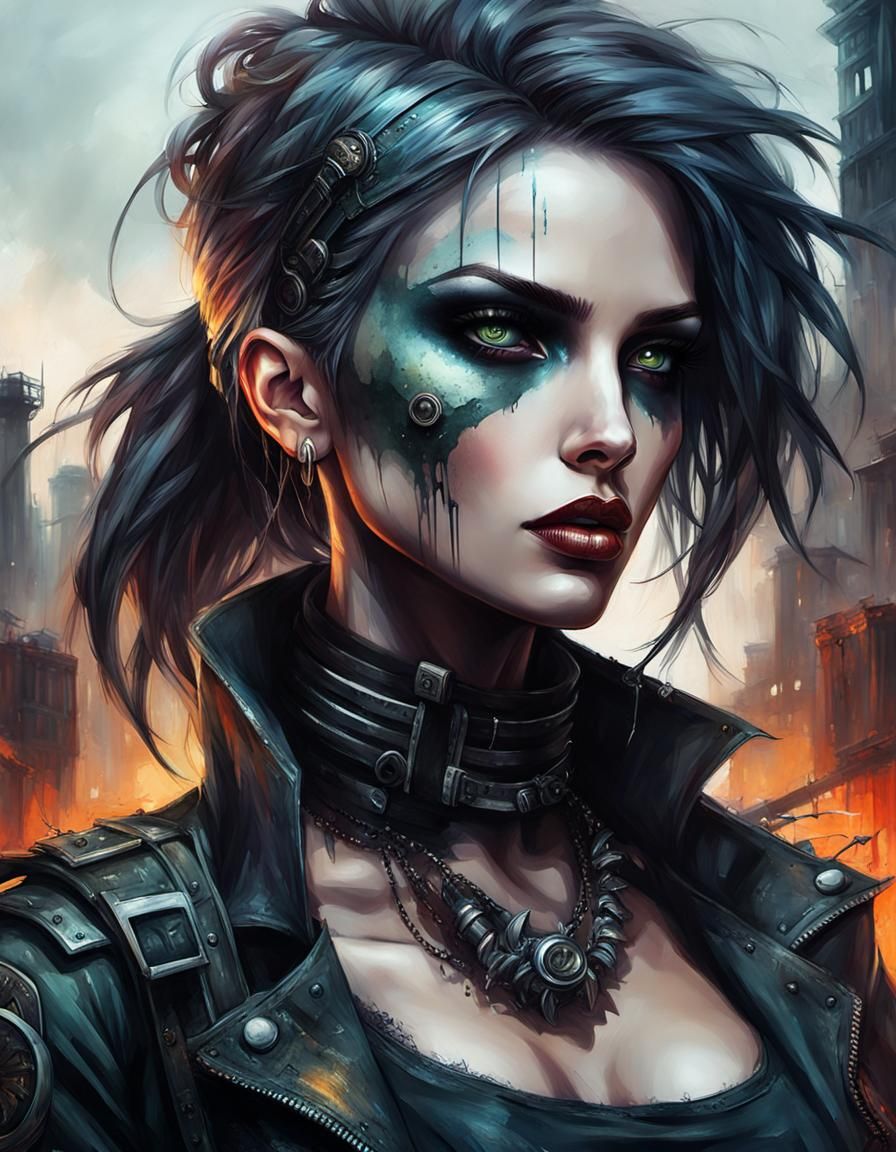 Post-Apocalyptic Punk Woman in Fantastic Realism Style