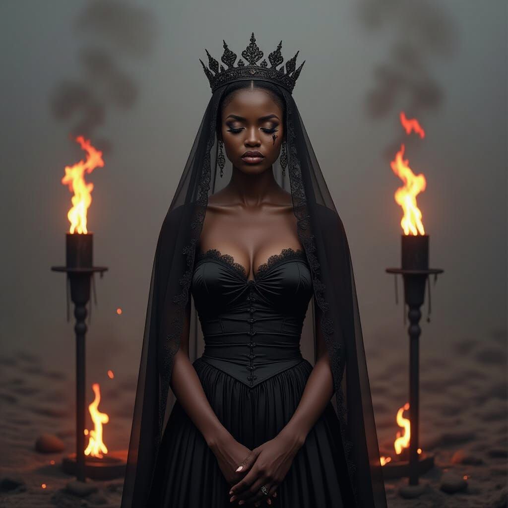 Mourning African Queen in Dramatic, High-Contrast Style