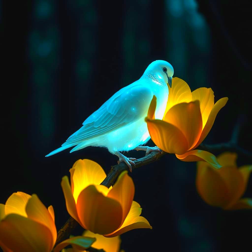Bioluminescent Dove with Golden Tulips in Forest