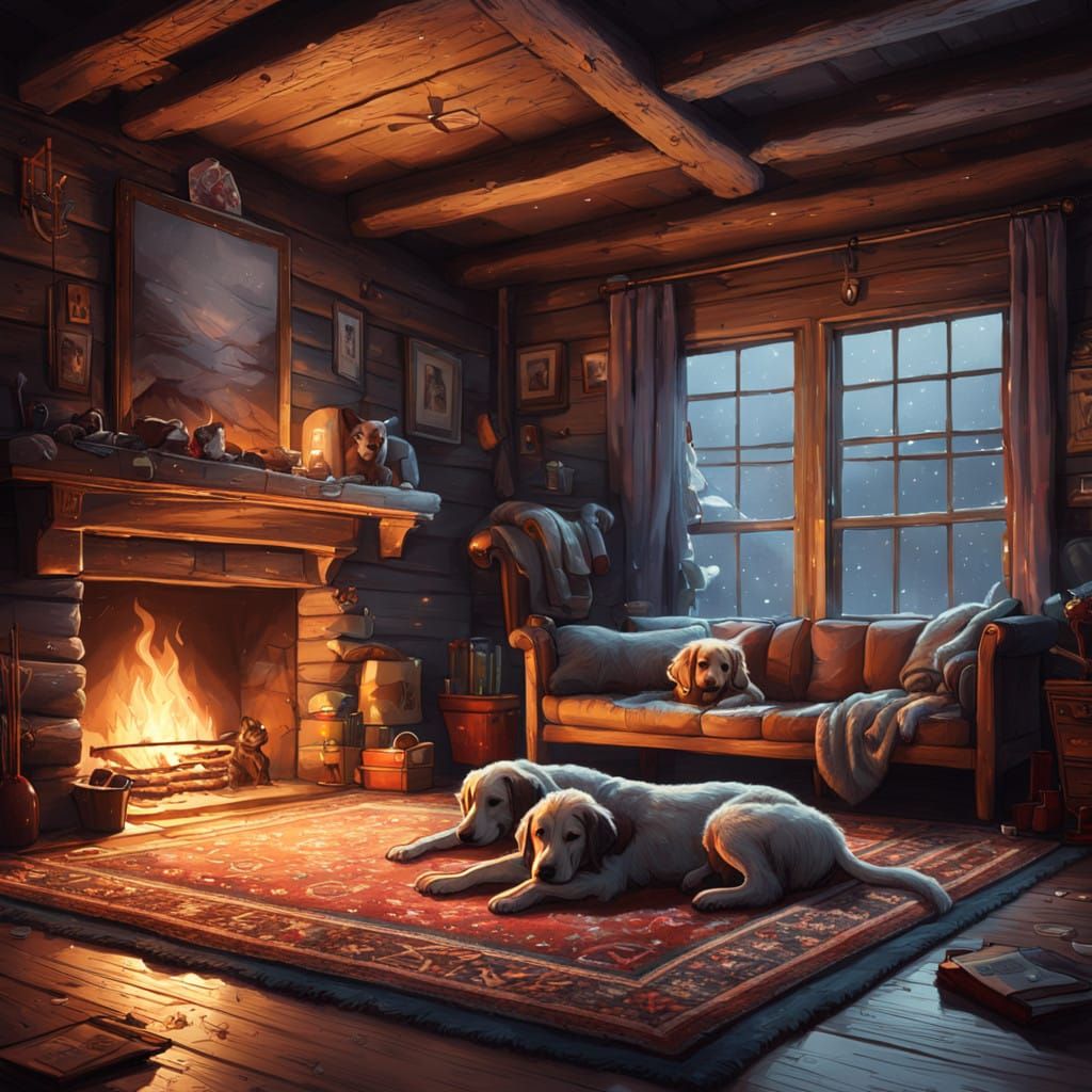 Fantasy Cabin Scene with Sleeping Puppies and Warm Fireplace