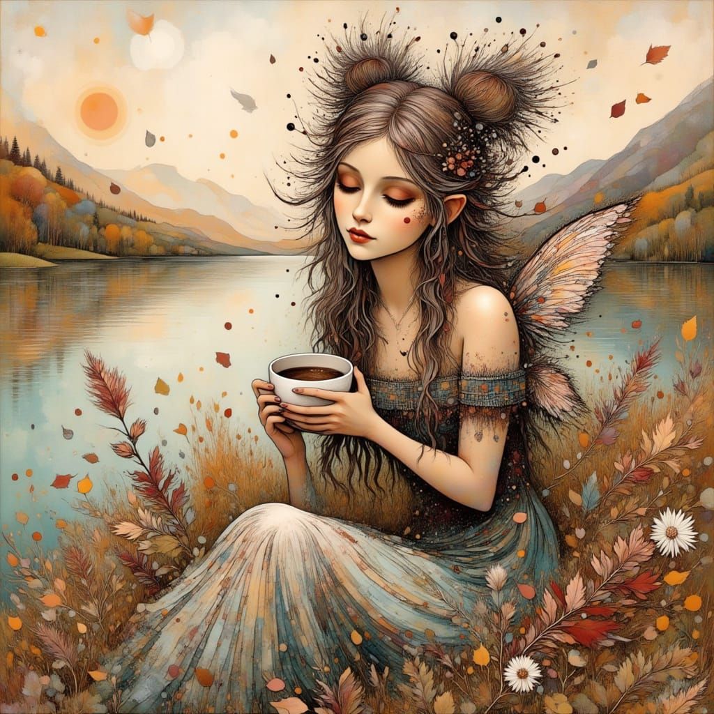 Scottish Fairy Enjoys Coffee by Loch in Autumn Watercolor