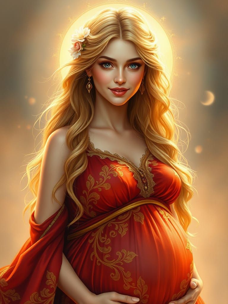 Ethereal Greek Goddess in Luxurious Red and Gold Silk Dress