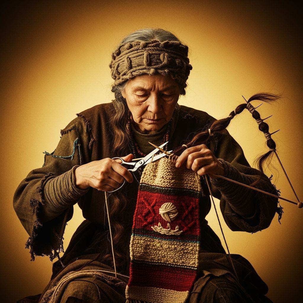 Mystical Weaver Knits Hair Tapestry: Cinematic Film Still