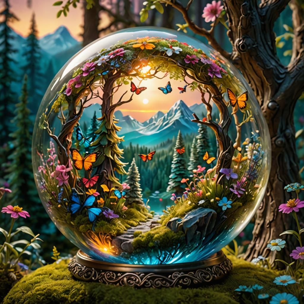 A glass sphere with beautiful enameled enchanted forest scen...