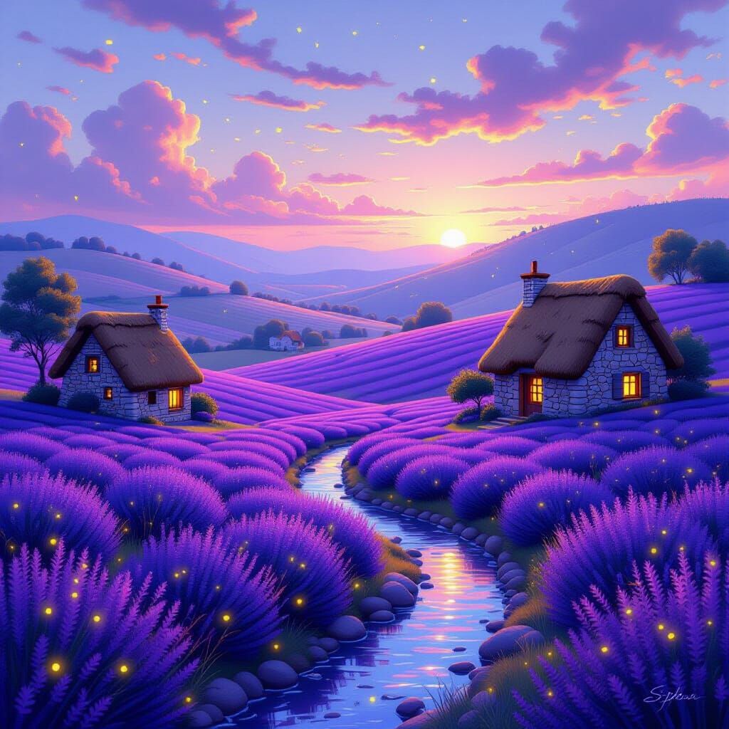 Endless Lavender Hills with Fireflies, Digital Painting