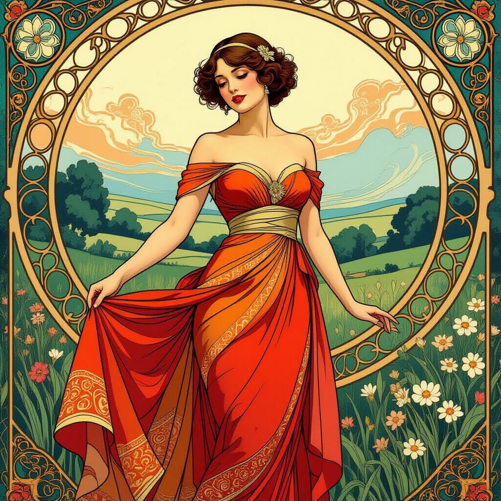 Elegant Woman in Serene Landscape: Art Nouveau Style