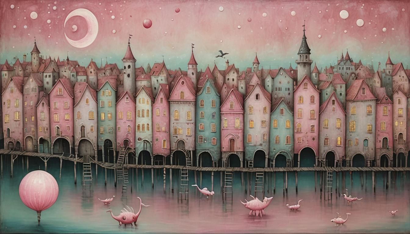 Whimsical Crooked Town Above Shimmering Water as Encaustic P...