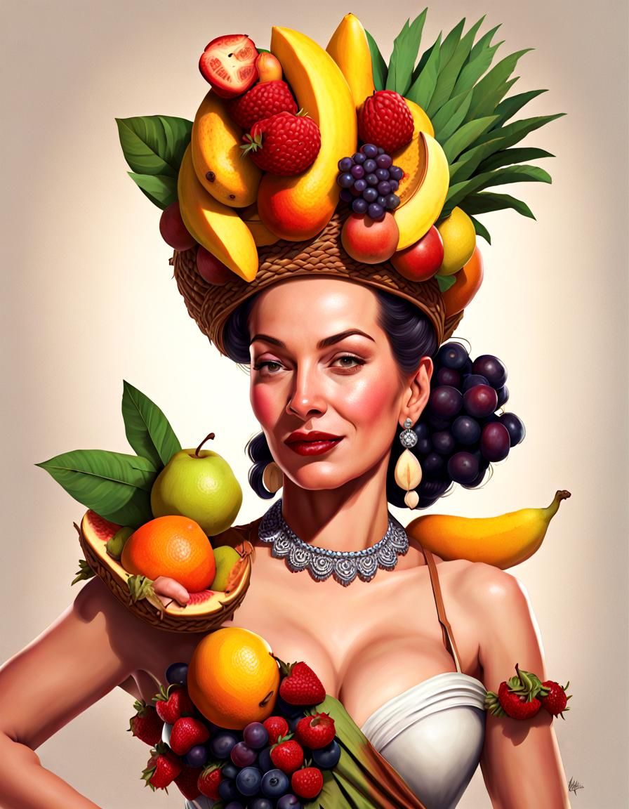 Portrait of Carmen Miranda wearing a hat made of fruit