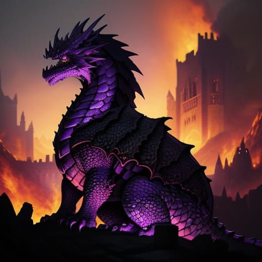 Amethyst Dragon in Burning Castle: Dark Fantasy Art