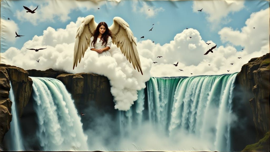 Angel Sleeping on Cloud Above Majestic Waterfall