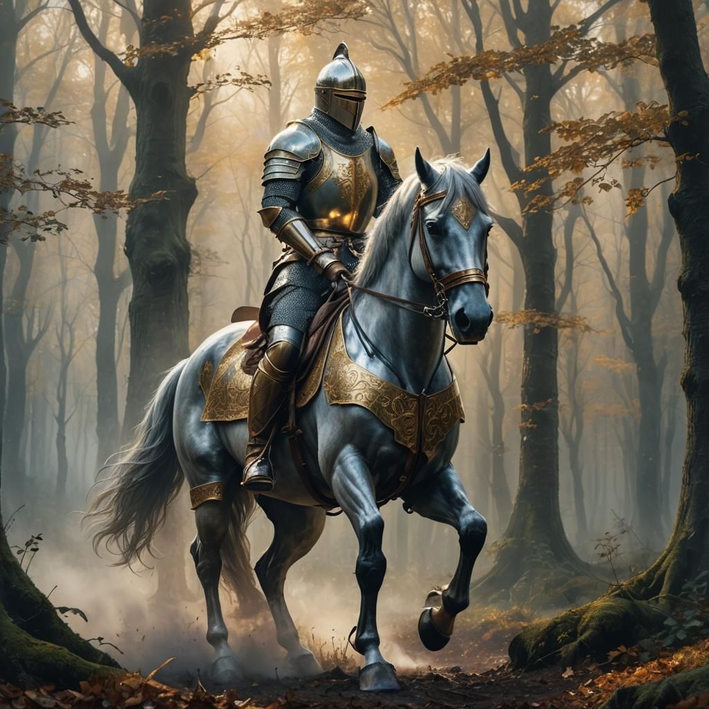 Medieval Knight on Horseback in Misty Forest