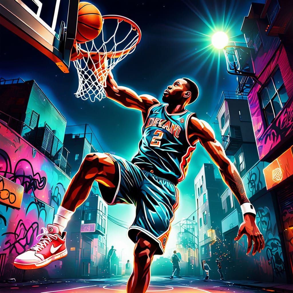 Basketball Player Dunking in Neon Graffiti Art