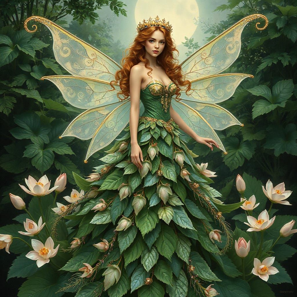 Regal Fairy Princess in Verdant, Iridescent Gown