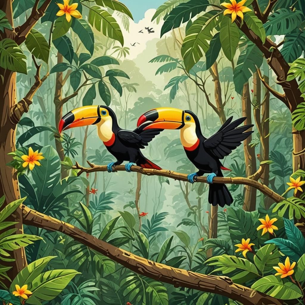 Cartoon Toucans in a Rainforest Illustration