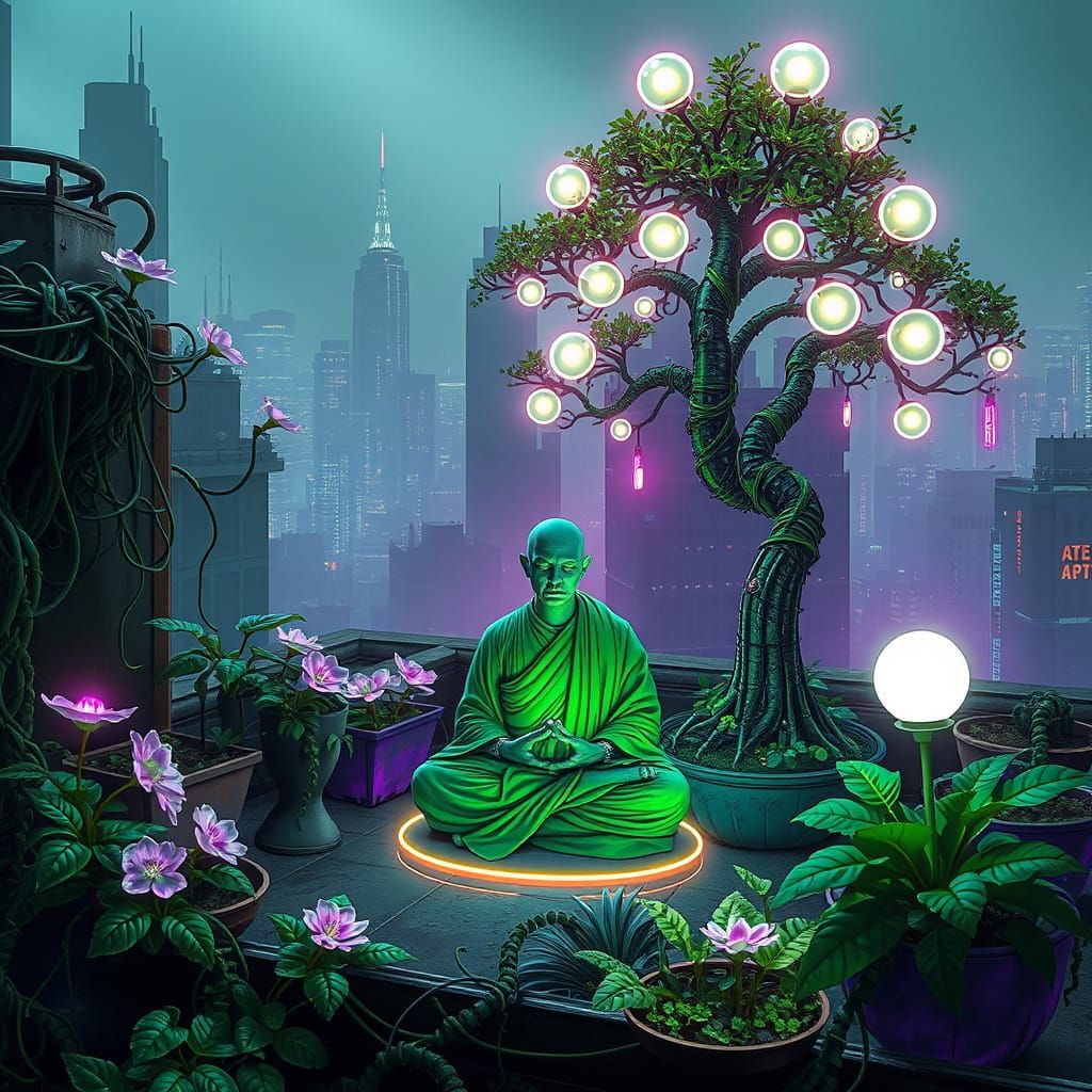 Cyberpunk Rooftop Garden with Mechanical Flowers