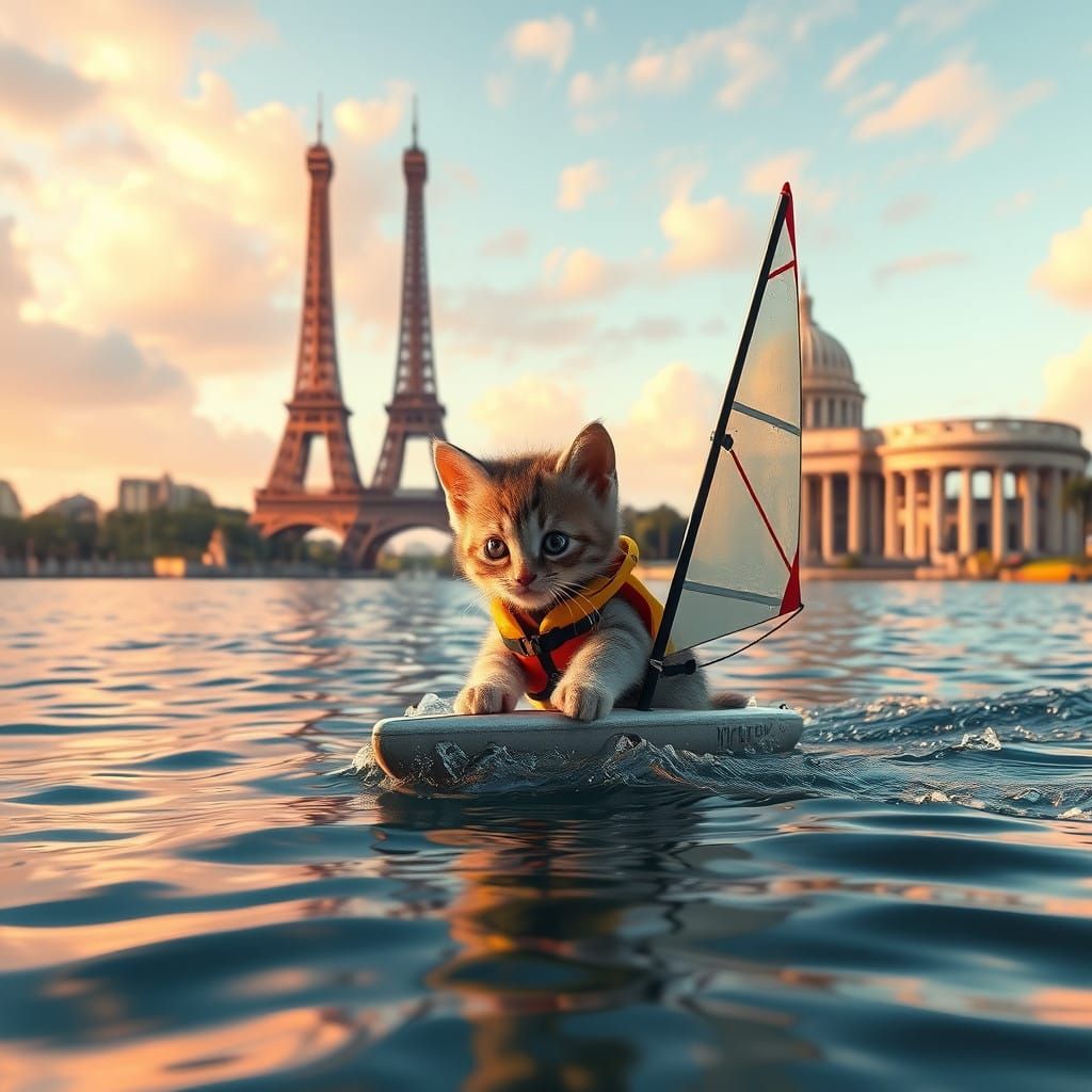 Serene Kitten Glides Across Lake with Iconic Landmarks in Cy...