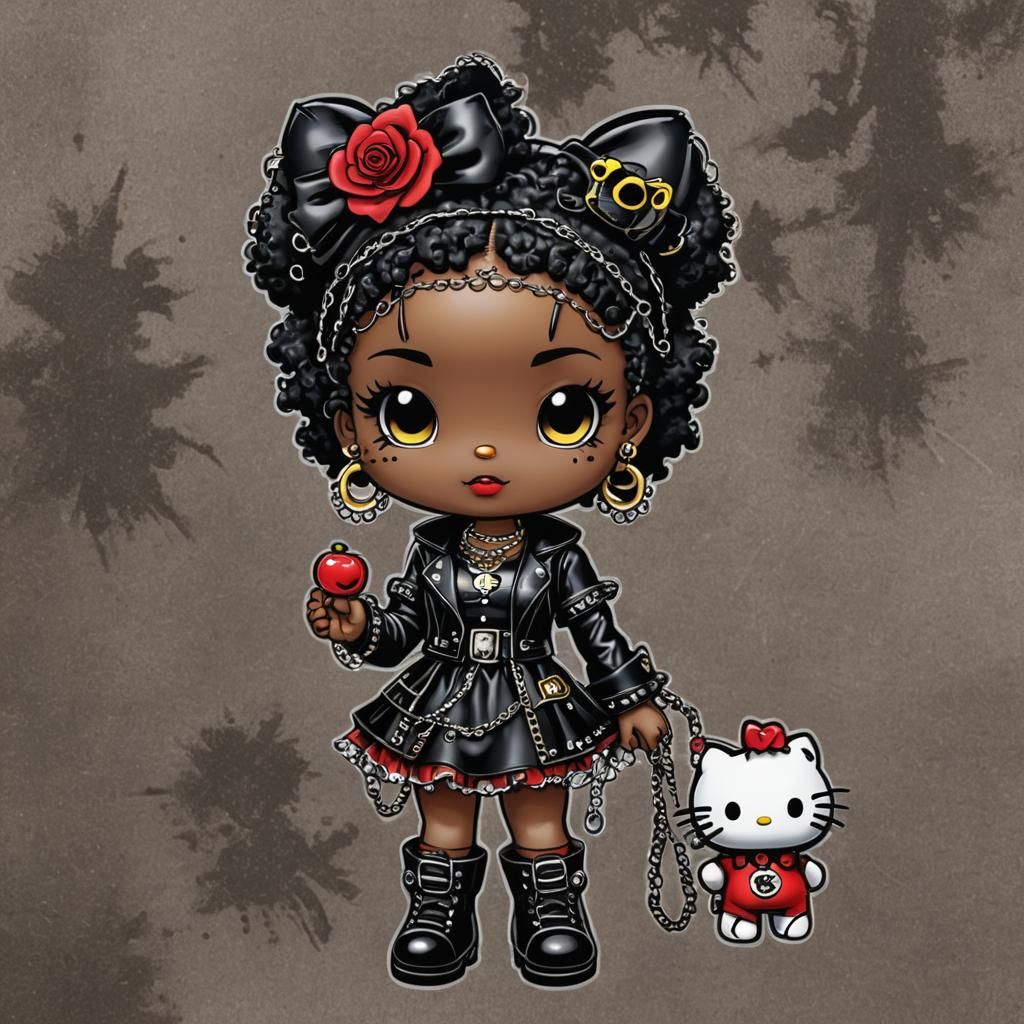 Marker art masterpiece, Adult Afrocentric Sanrio cartoon Hello Kitty with Betty Boop hair dressed in a gothic leather an...