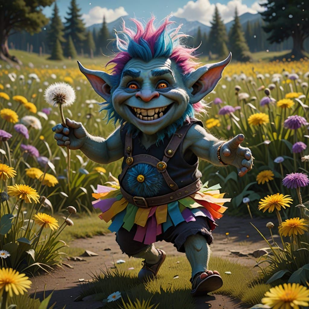 Rainbow Troll Dances in Dandelions: Fantasy Concept Art