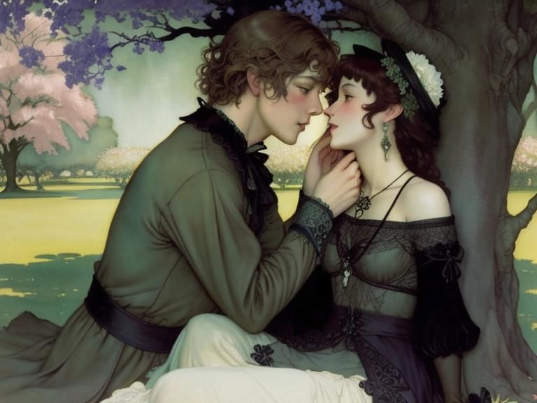 Lovers Embrace in Spring: Golden Age Illustration