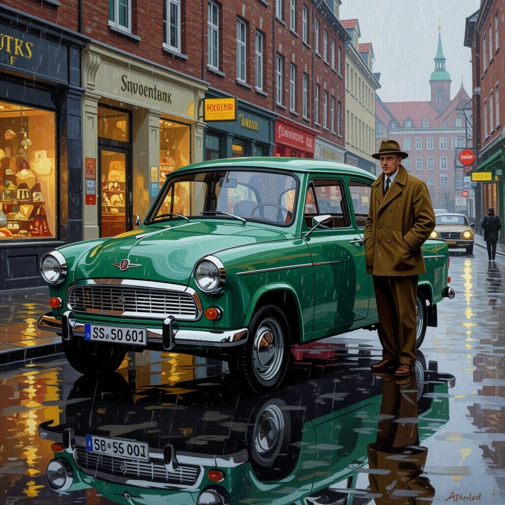 1970s East German Street Scene with Light Green Trabant
