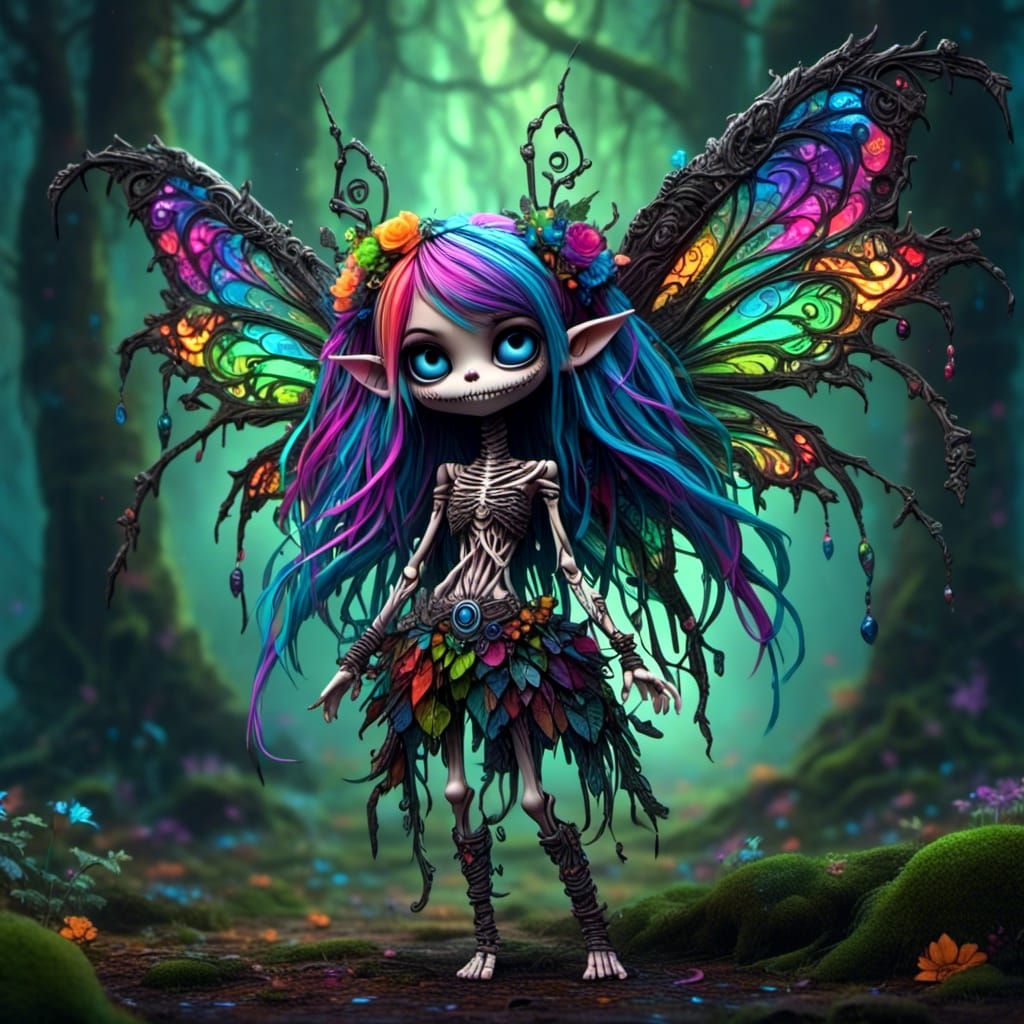 Chibi Pixie Skeleton in Bioluminescent Forest