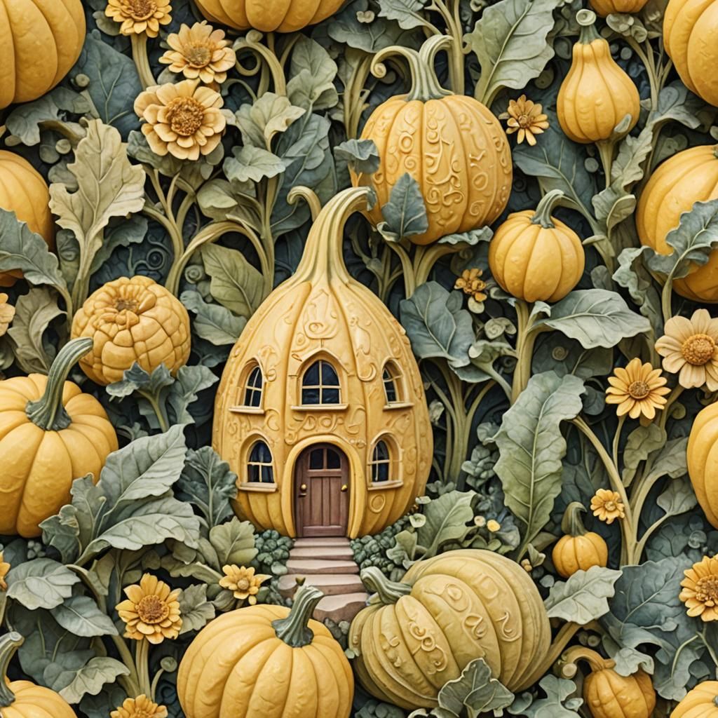 Whimsical Squash Sculpture with Tiny House