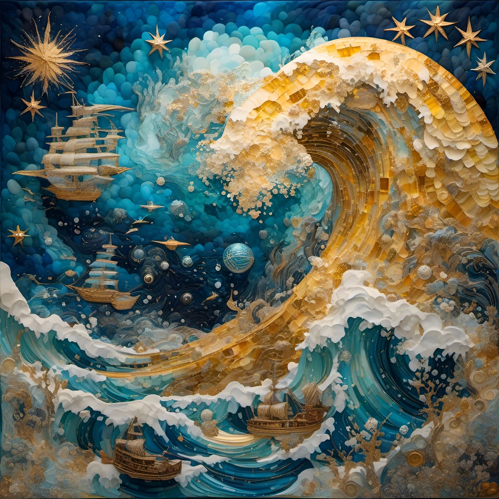 Celestial Quilted Seascape with Gold Filigree