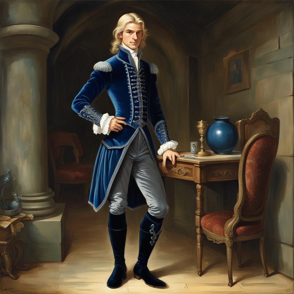 A hunky but petite late teen blond man in a fantasy midnight blue velvet doublet with a flared hem and slim-fitting gray...