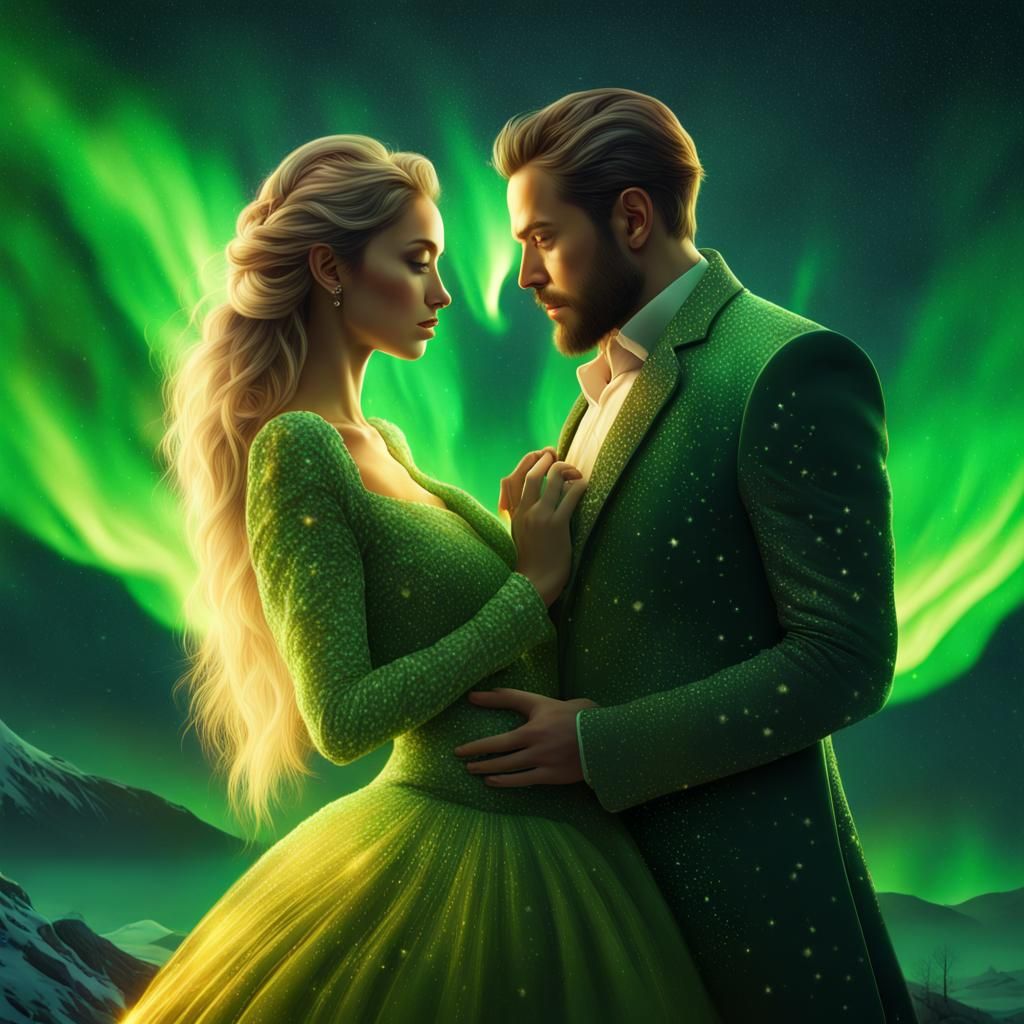 Romantic Aurora Scene with Couple and Sparkling Heart