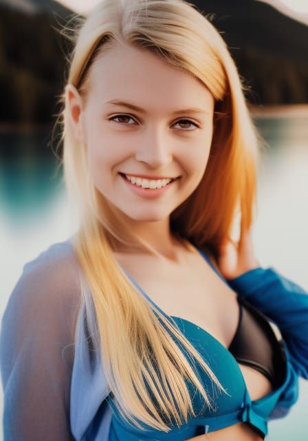 Blonde Woman Portrait at Mountain Lake, Nikon Photography