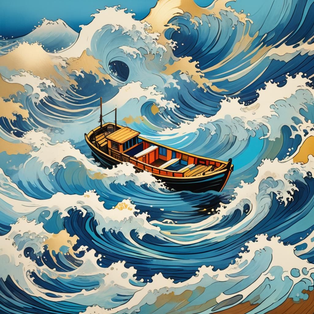 Ukiyo-e Boat on Blue Ocean Waves
