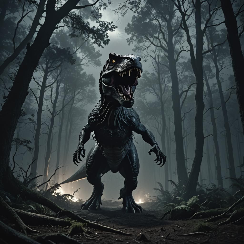 T-Rex Chase in Dark Forest: German Expressionism