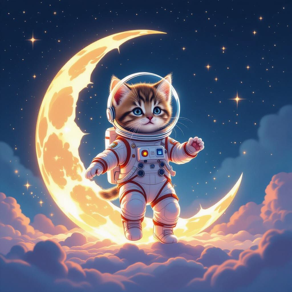 Kitten Astronaut Emerges from Moon in Ethereal Style