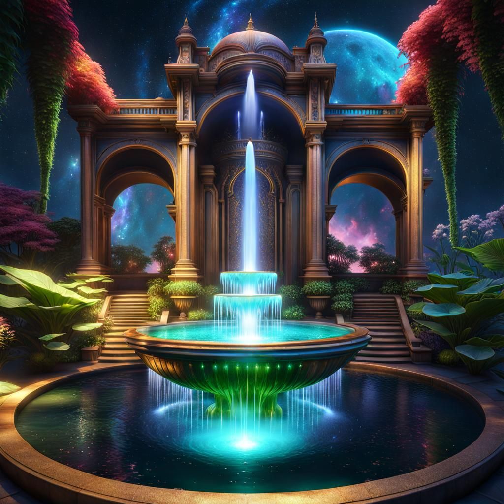 Enchanted Garden with Mana Fountain in Dark Fantasy Style