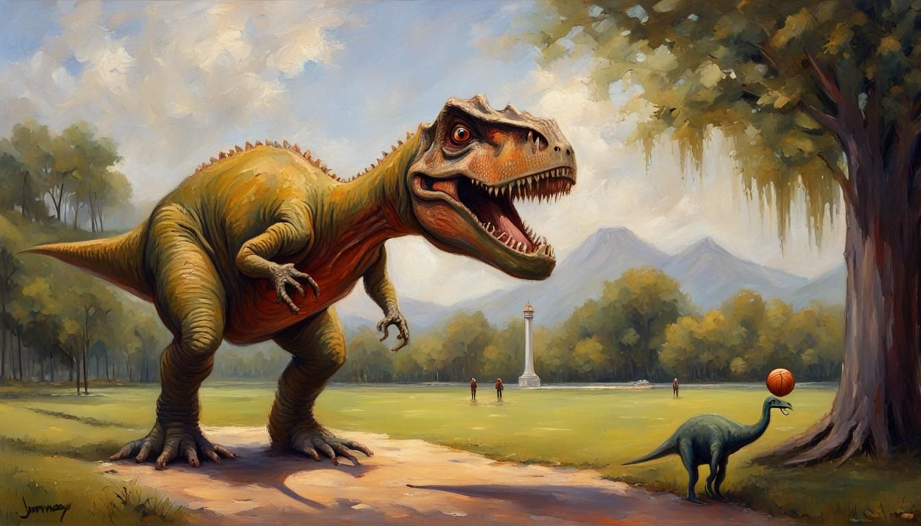 Sad Dinosaur in Park Oil Painting