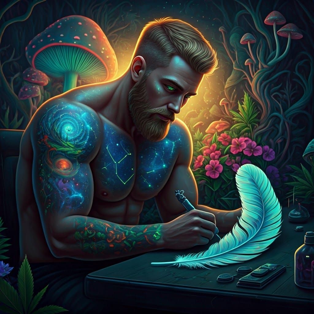 Glowing Cosmic Warrior with Vibrant UV Tattoos