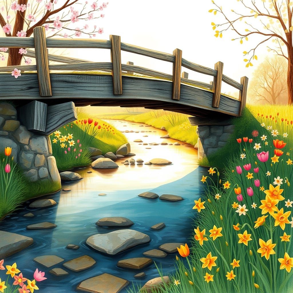concept art.  a brook with a wooden bridge at golden hour in...