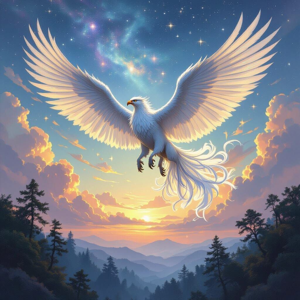 Majestic Griffin Soaring Through Twilight Sky
