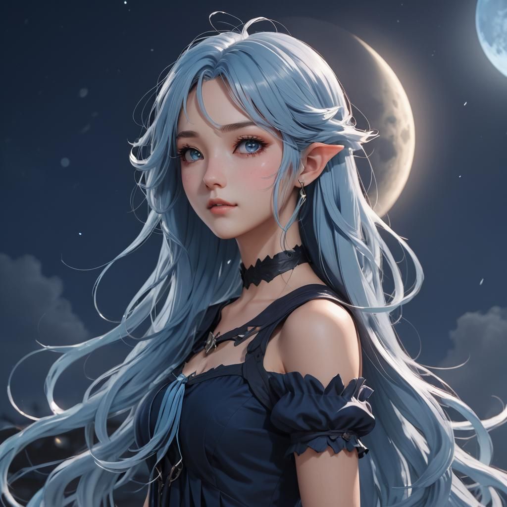 Young Witch Under Blue Moon in Anime Style