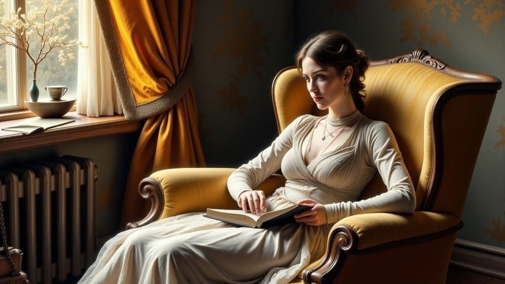 Woman Reading in Cozy Study, in Impressionist Style