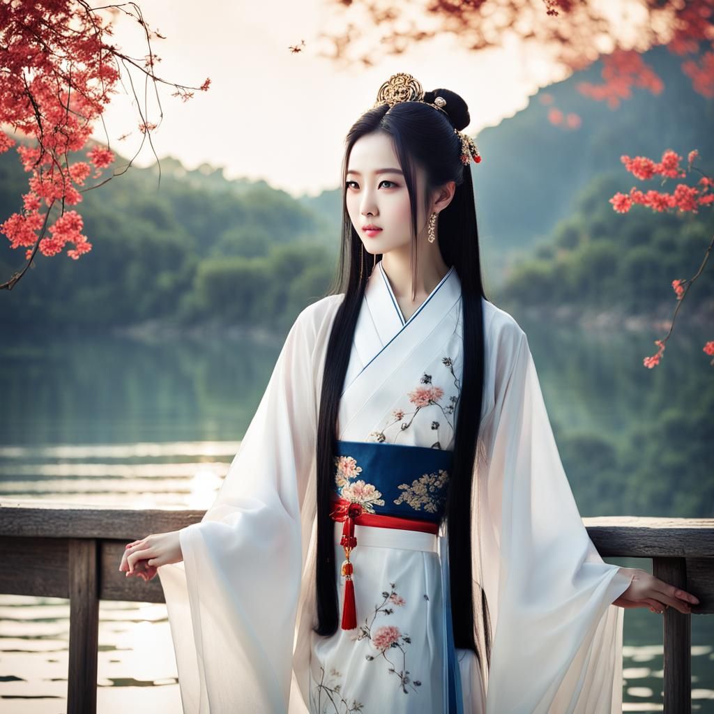 Ancient Chinese Style Beauty in White Hanfu