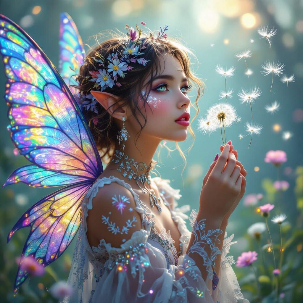 Enchanted Fairy with Dandelion Seeds, Fantasy Art