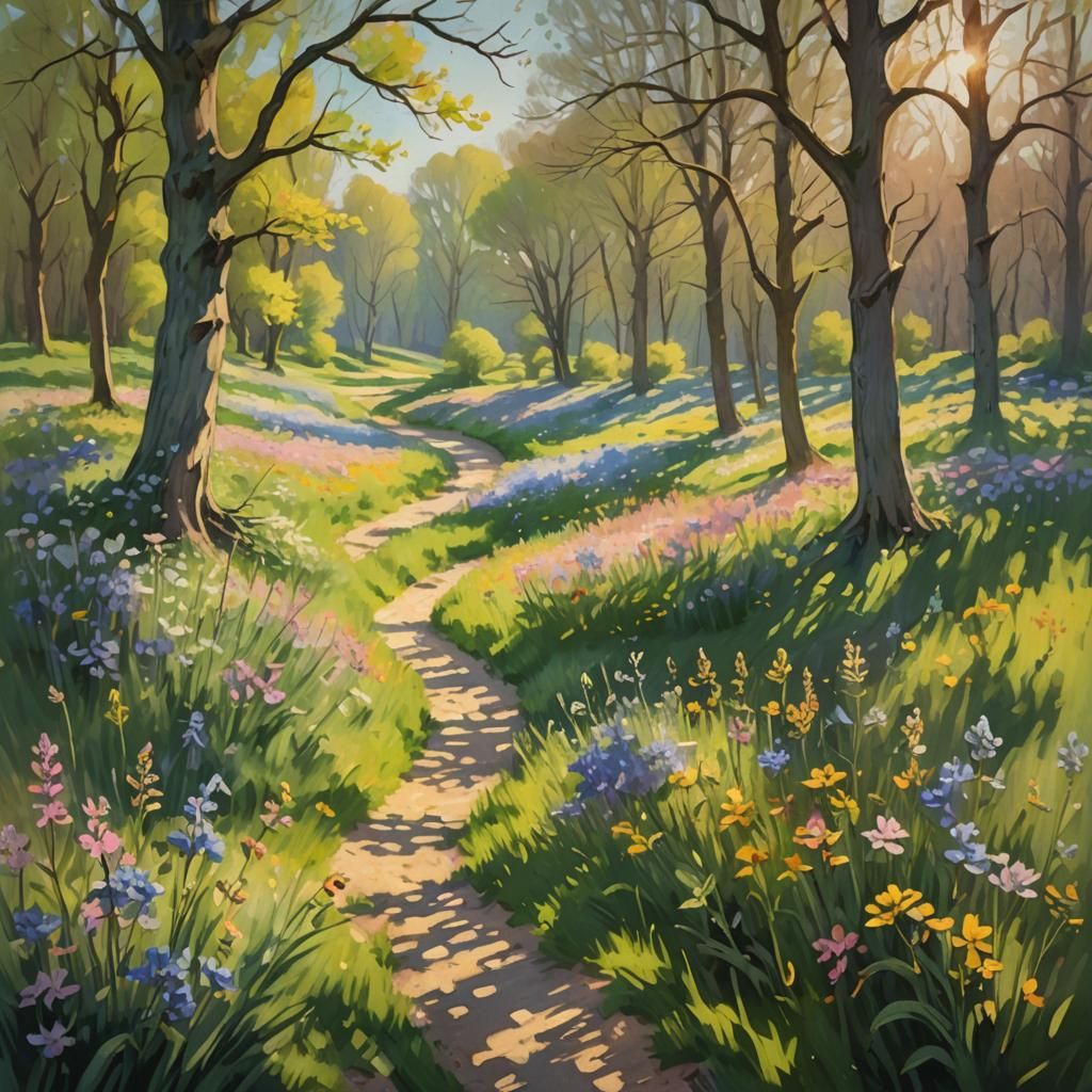 Impressionist Spring Meadow with Sunlight and Flowers