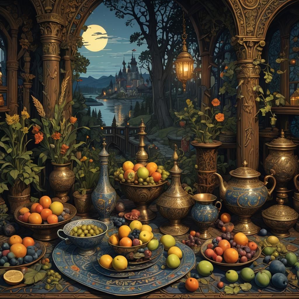 Fantastical Evening Still Life in Detailed Matte Painting