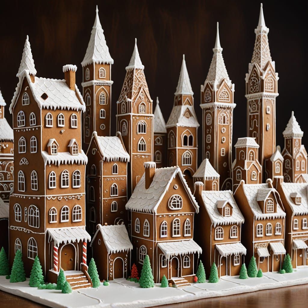 Surreal Gingerbread Metropolis in Whimsical Icing Details