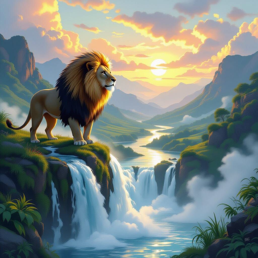 Lion with Water Mane Overlooking Lush Valley