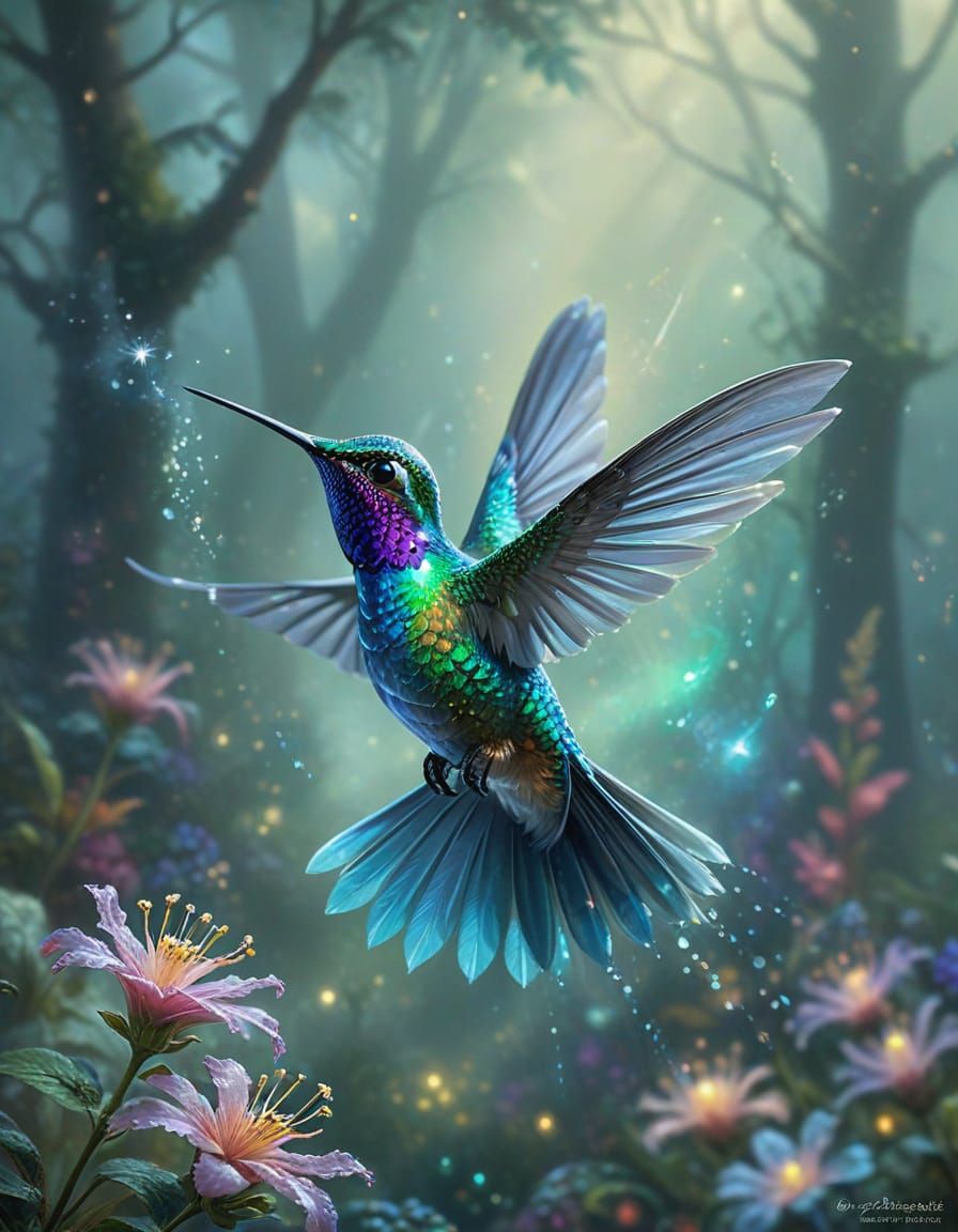 Iridescent Hummingbird Sips Nectar in Ethereal Fantasy Scene