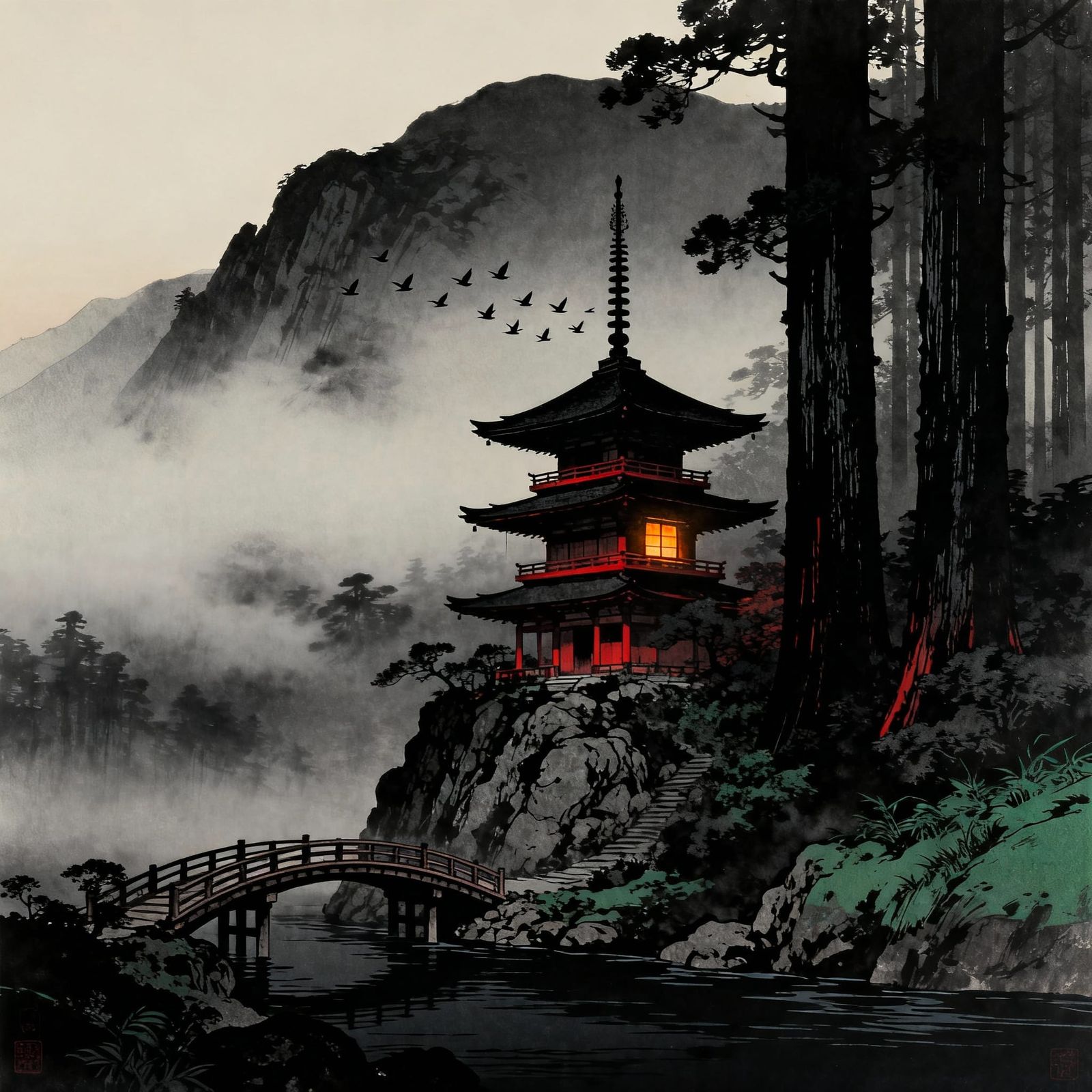 Dark Pagoda Landscape with Misty Mountains and River